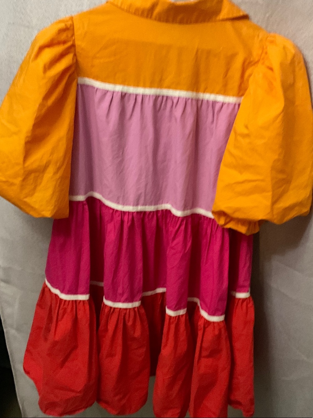 Sofie The Label-Colorblock Puff-Sleeve Tiered Dress - Orange, Pink, Red - Picture 4 of 5